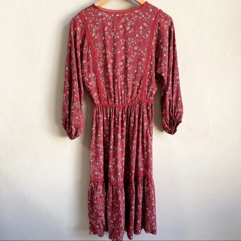 NWT Max Studio Boho Red Floral Bubble Sleeve Peasant Dress Small‎ - Picture 2 of 7